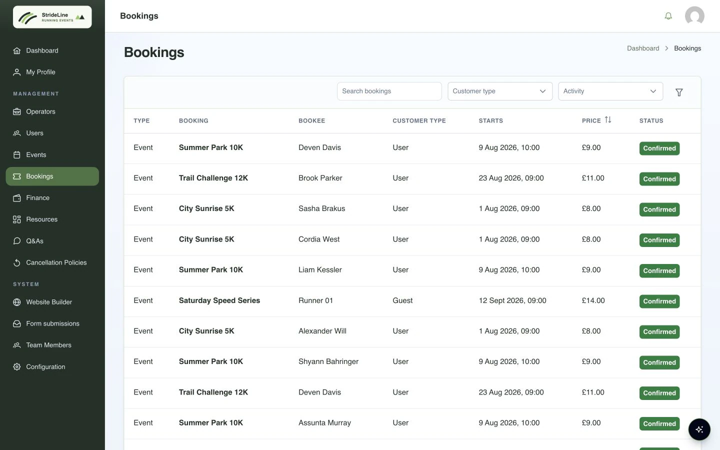 StrideLine portal showing confirmed bookings across multiple running events